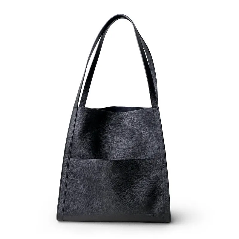 Genuine leather square vertical shoulder bag in black, soft first layer cowhide with sewing thread detail and three-dimensional outer pocket