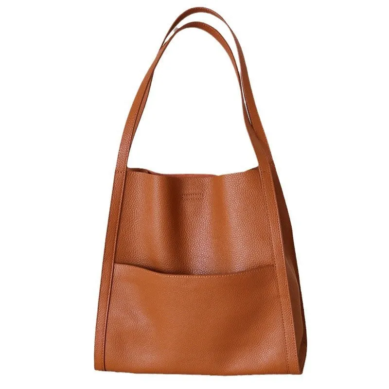 Genuine leather square vertical shoulder bag in black, soft first layer cowhide with sewing thread detail and three-dimensional outer pocket
