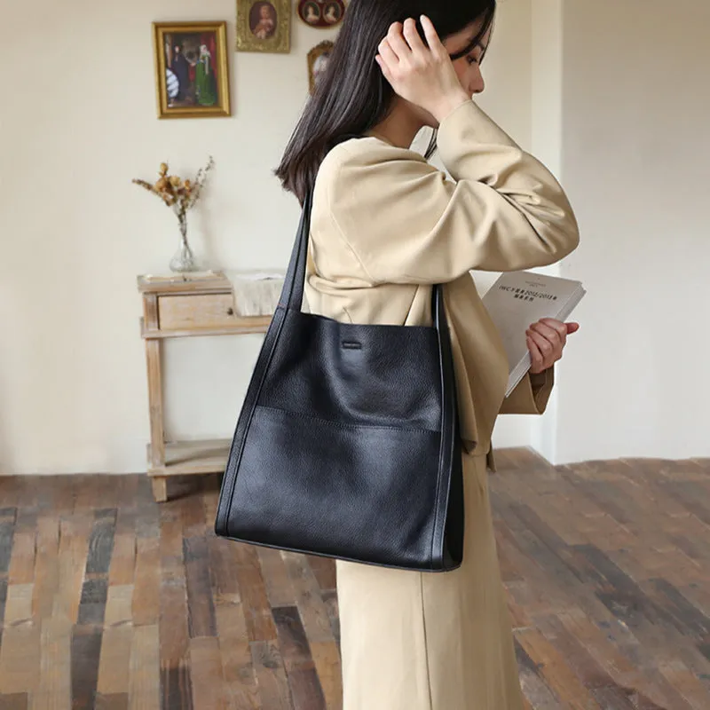 Genuine leather square vertical shoulder bag in black, soft first layer cowhide with sewing thread detail and three-dimensional outer pocket