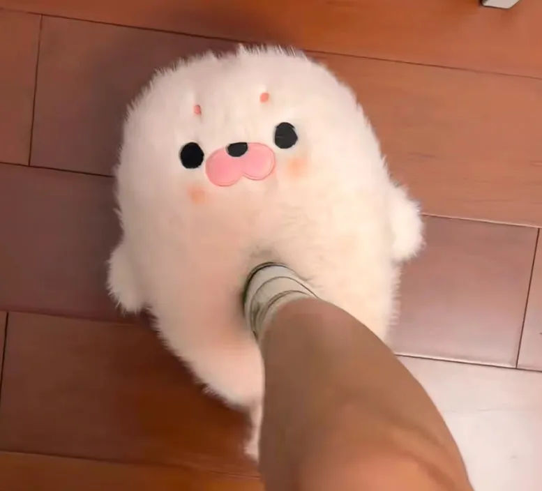 Small seal cotton shoes autumn winter warm plush toe cap slippers women cute white