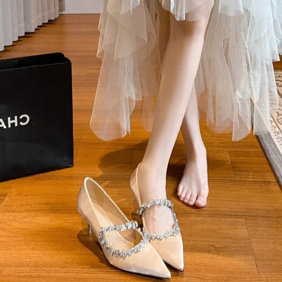 French wedding shoes apricot colour rhinestone pointed toe stiletto heels 6-8cm