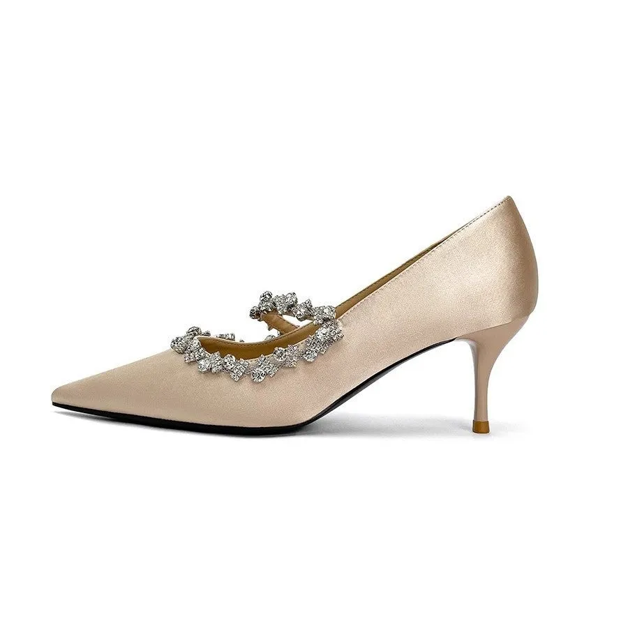 French wedding shoes apricot colour rhinestone pointed toe stiletto heels 6-8cm