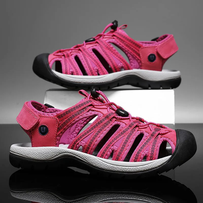 Women's leather mesh sandals with elastic band in black, grey pink, rose red, and black grey.