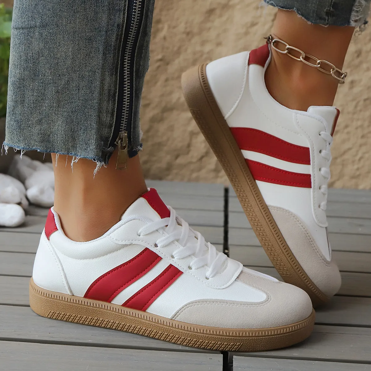 Women's casual all-matching sneakers in khaki with round head flat heel artificial PU upper