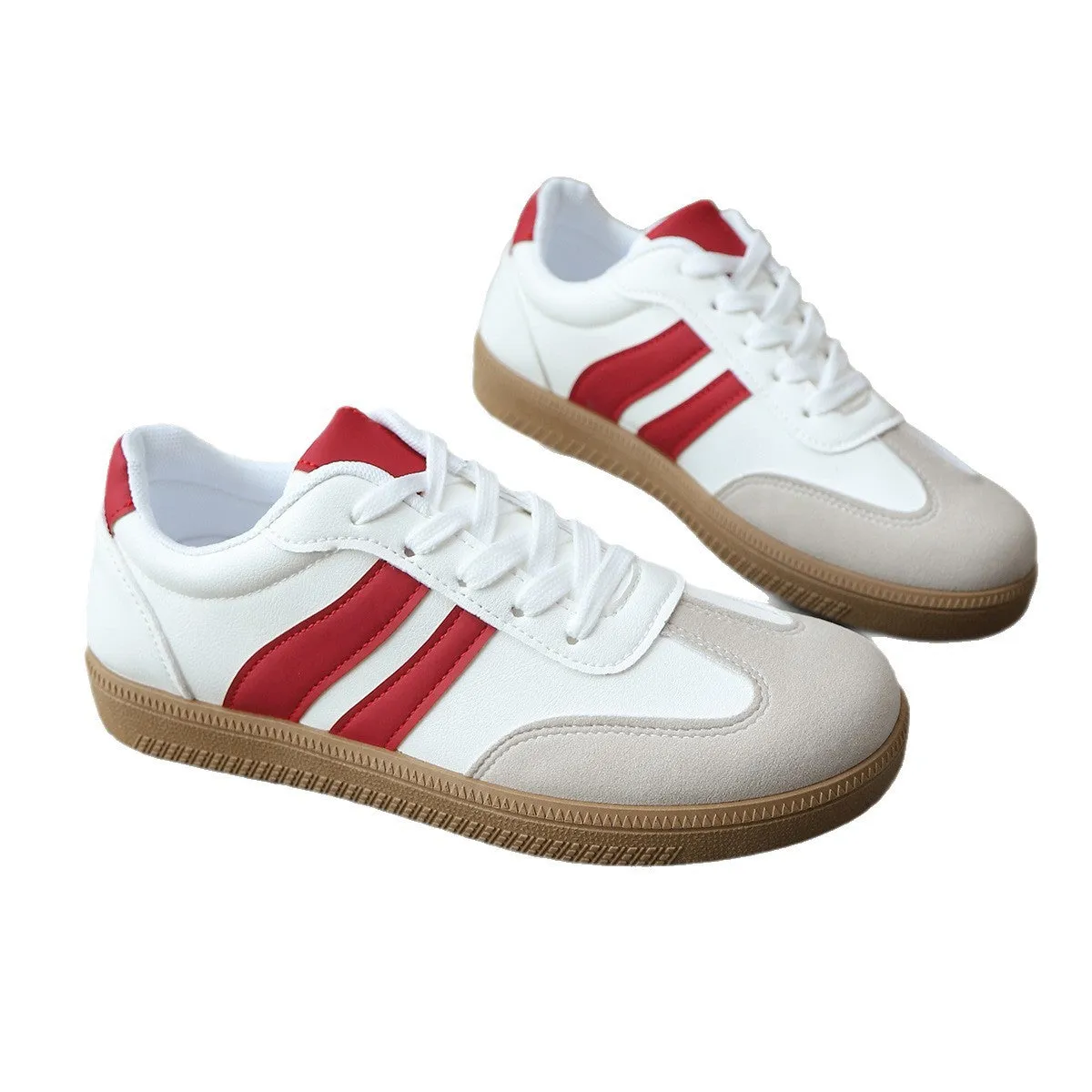 Women's casual all-matching sneakers in khaki with round head flat heel artificial PU upper