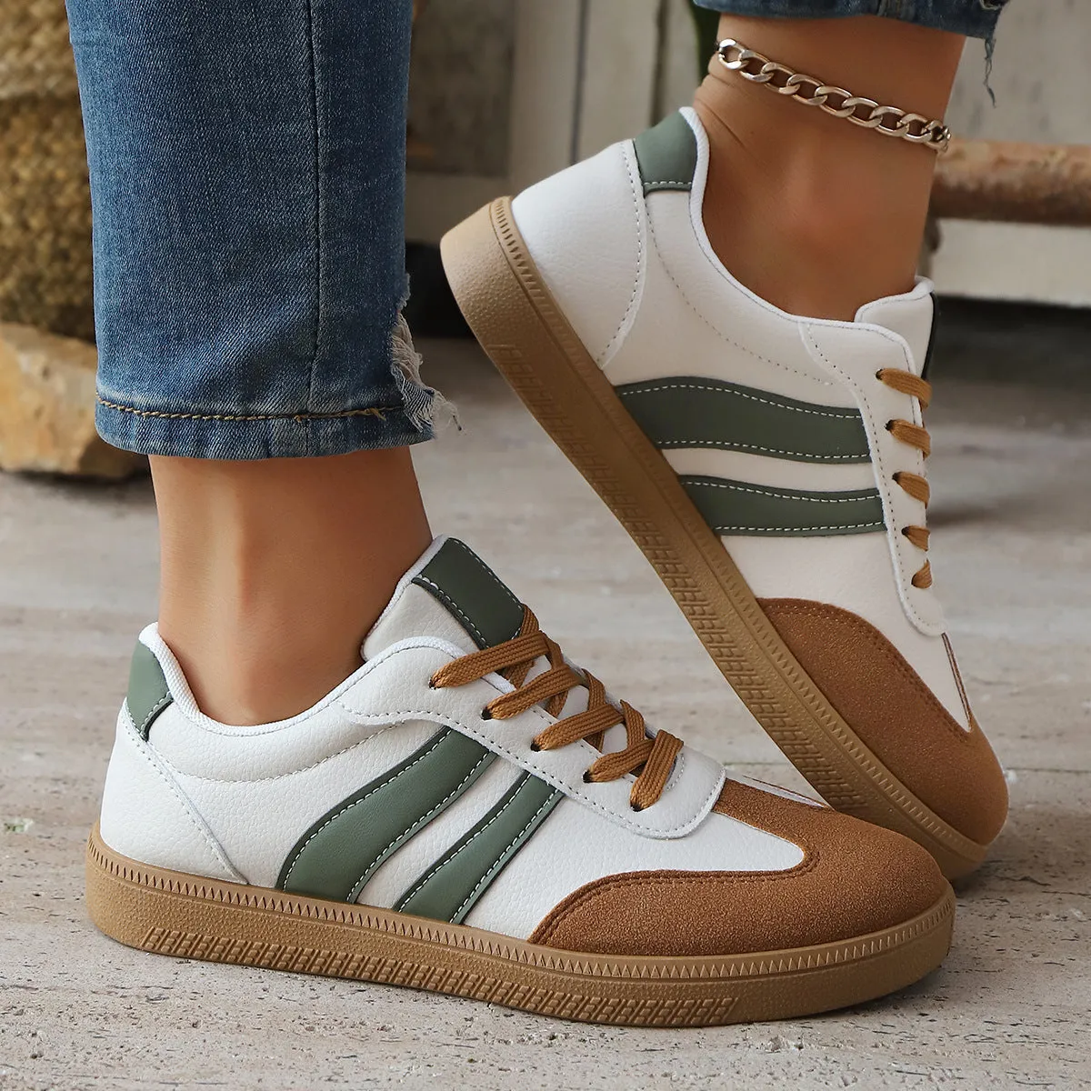 Women's casual all-matching sneakers in khaki with round head flat heel artificial PU upper