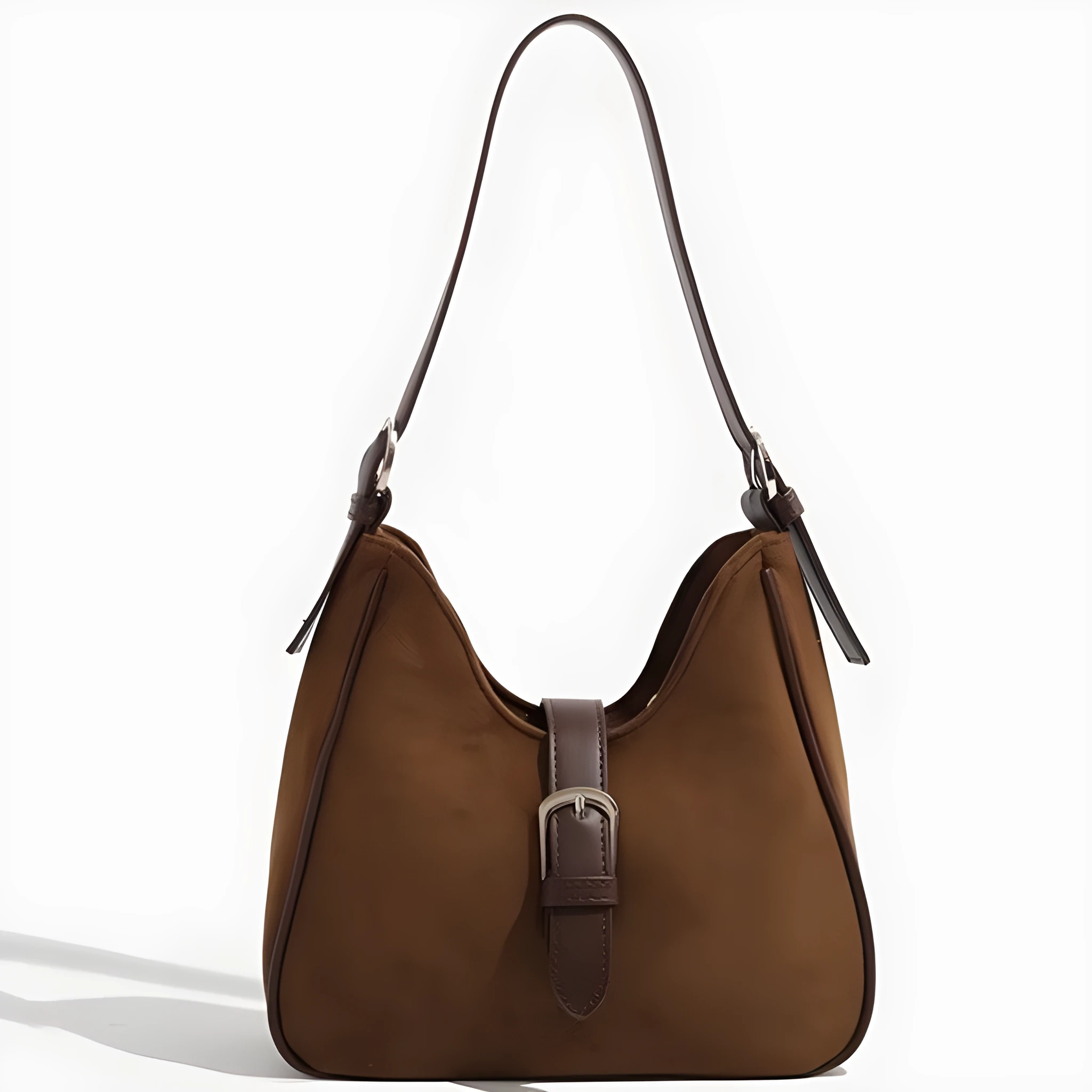 Retro suede leather underarm shoulder bag in brown with double straps, large capacity portable design