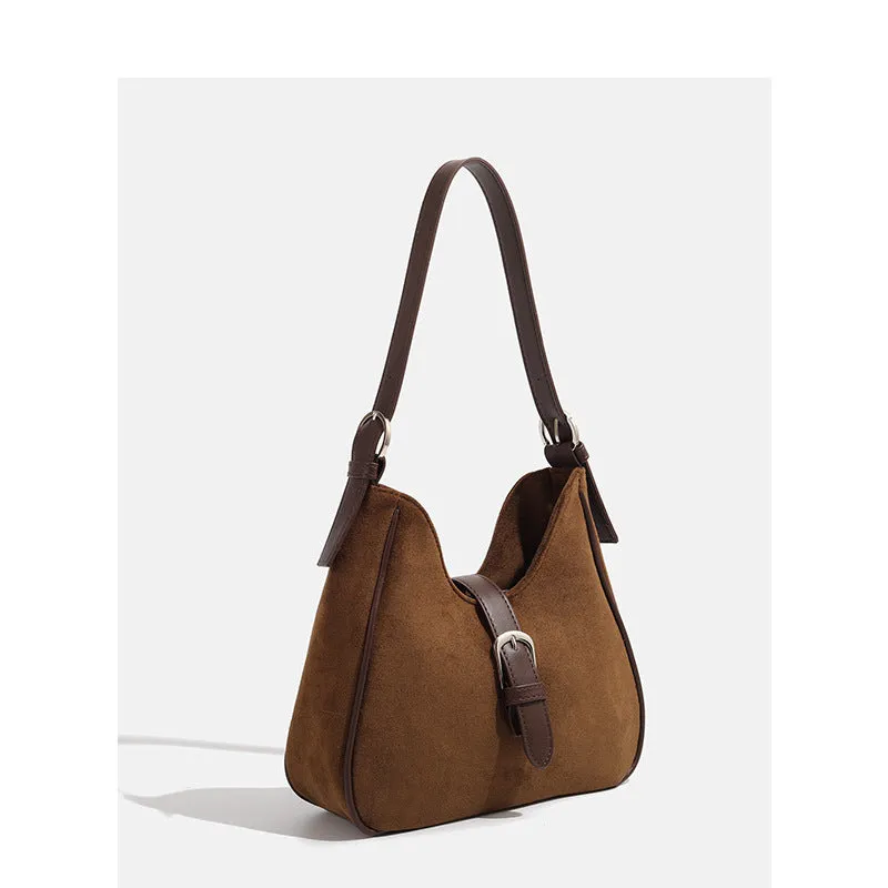 Retro suede leather underarm shoulder bag in brown with double straps, large capacity portable design