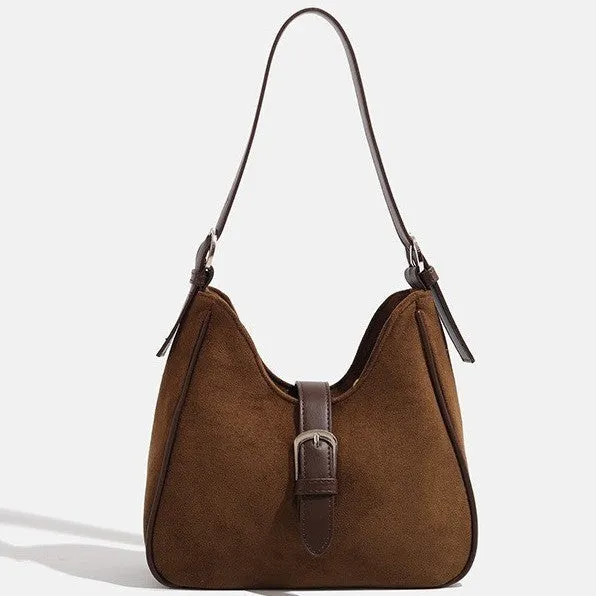 Retro suede leather underarm shoulder bag in brown with double straps, large capacity portable design