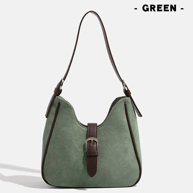 Retro suede leather underarm shoulder bag in brown with double straps, large capacity portable design