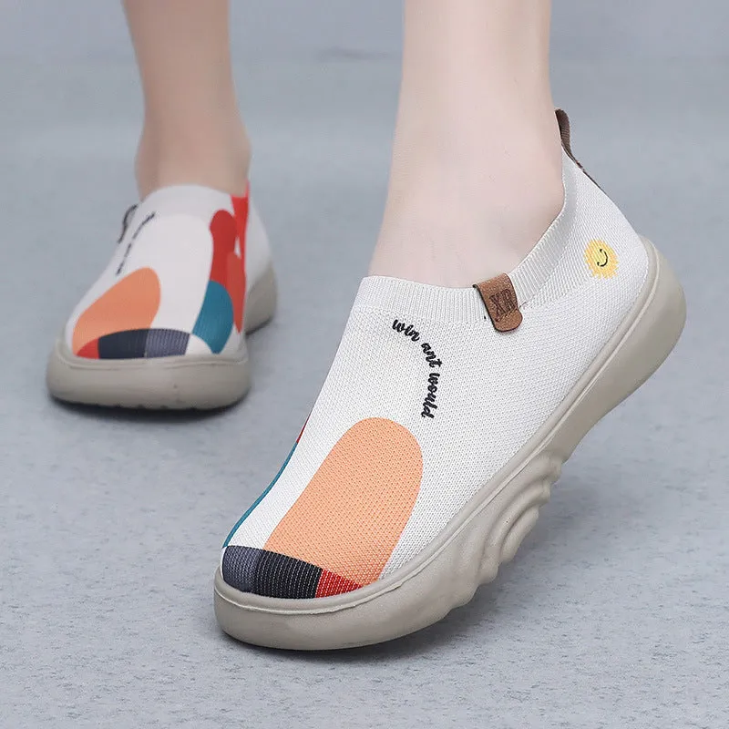Women's hand-painted casual shoes with soft Flyknit upper, flat heel, round toe, in Milky White colour