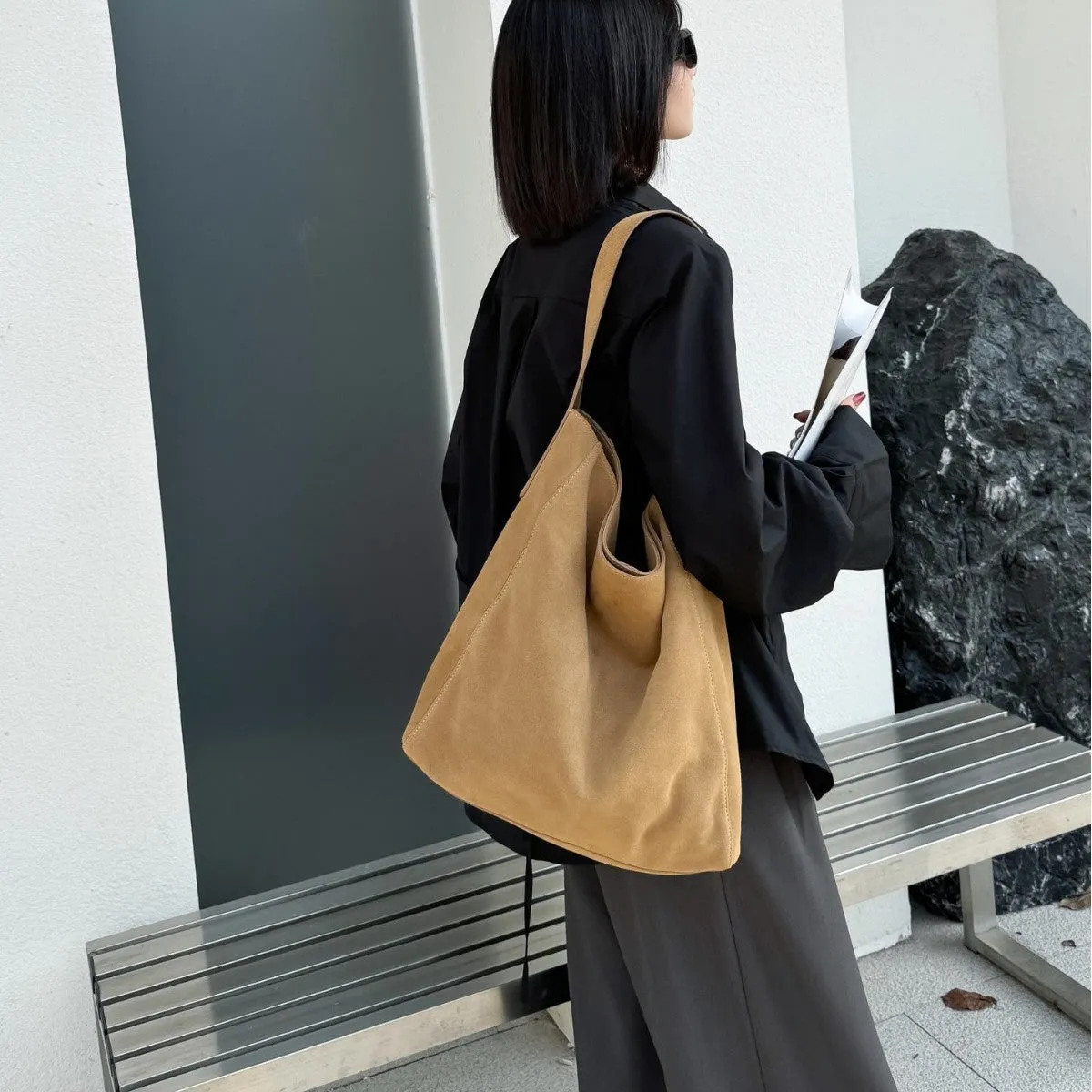 Women's minimalist loose suede shoulder bag in bucket shape, genuine leather, retro European style, 33x10x37cm