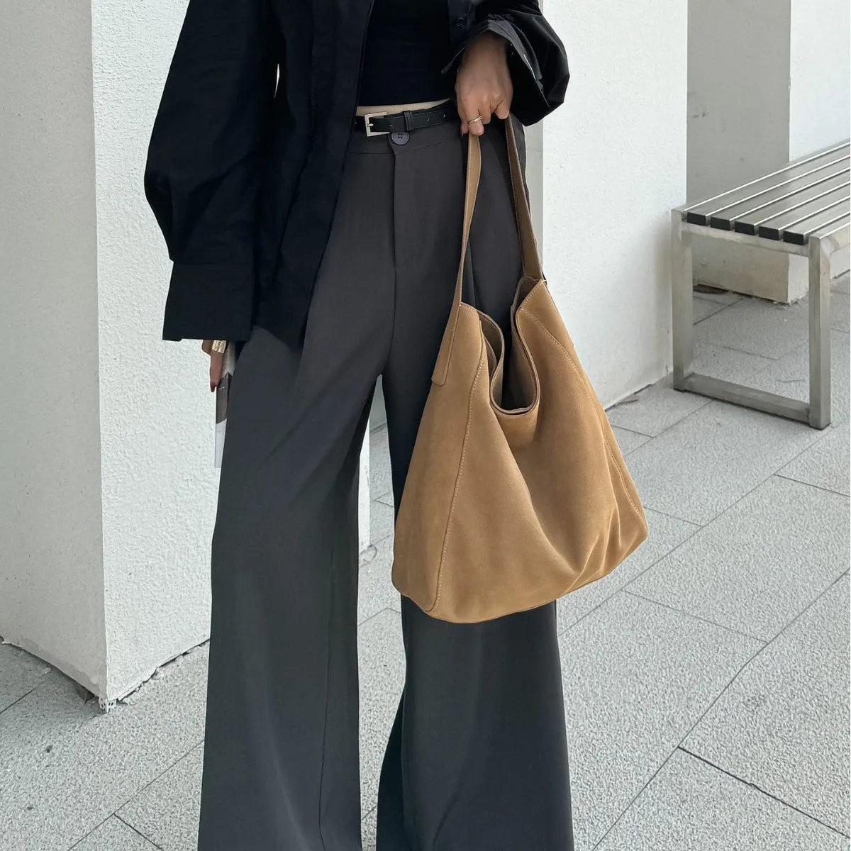 Women's minimalist loose suede shoulder bag in bucket shape, genuine leather, retro European style, 33x10x37cm