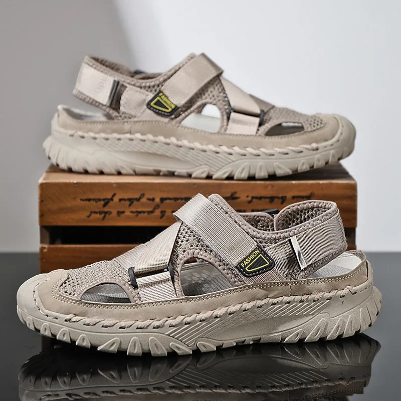 Men's casual sandals with genuine leather upper and mesh lining in elastic band style