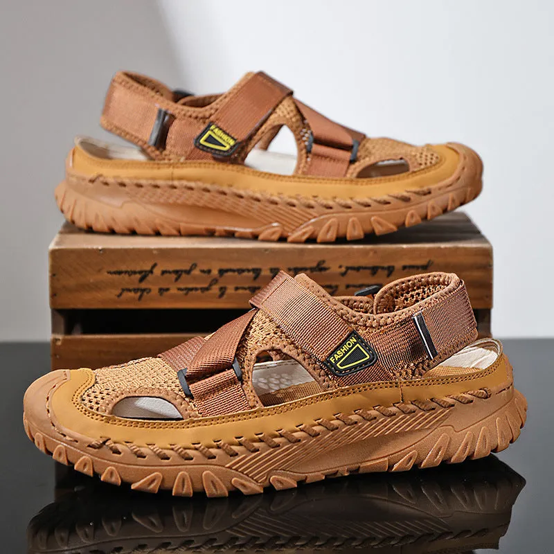 Men's casual sandals with genuine leather upper and mesh lining in elastic band style