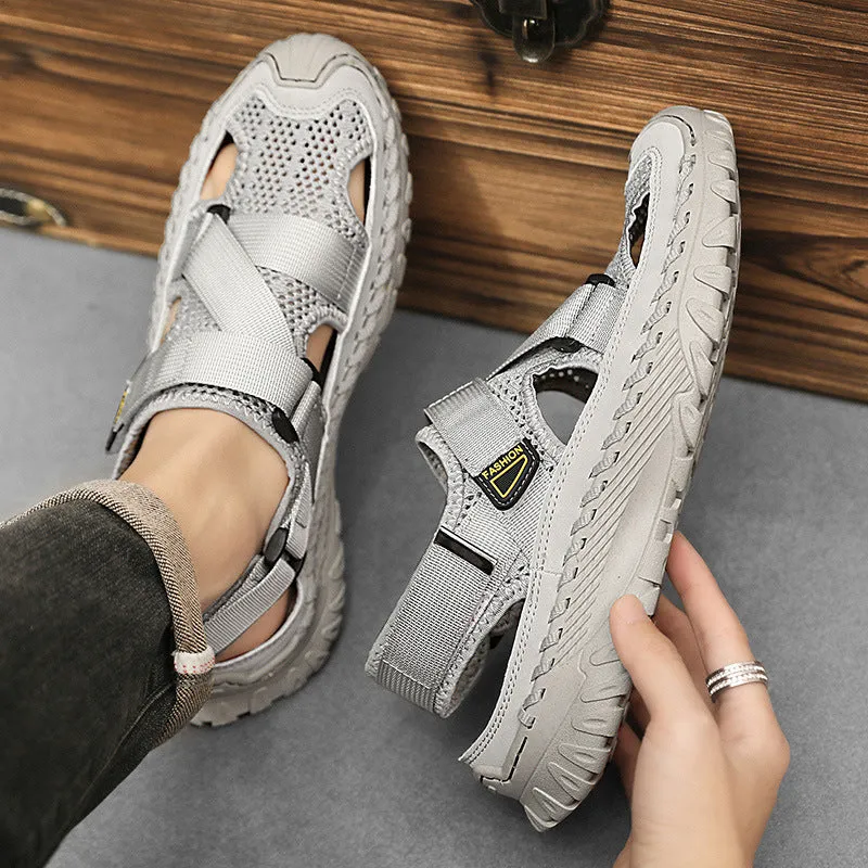 Men's casual sandals with genuine leather upper and mesh lining in elastic band style