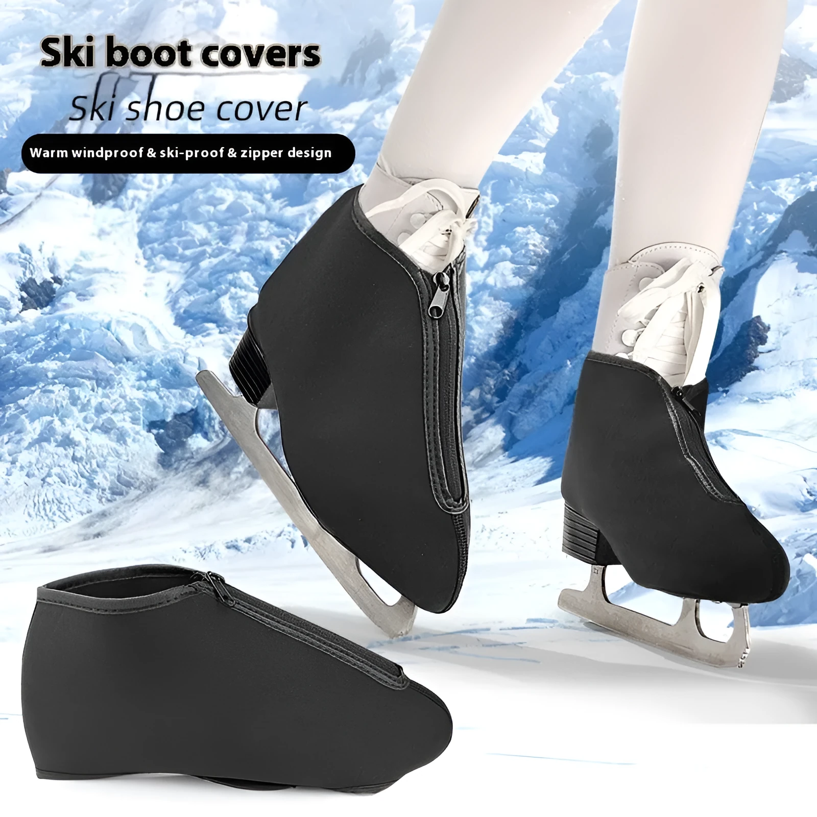 Black neoprene outdoor ice skate blade cover for short track skating with Velcro and zipper