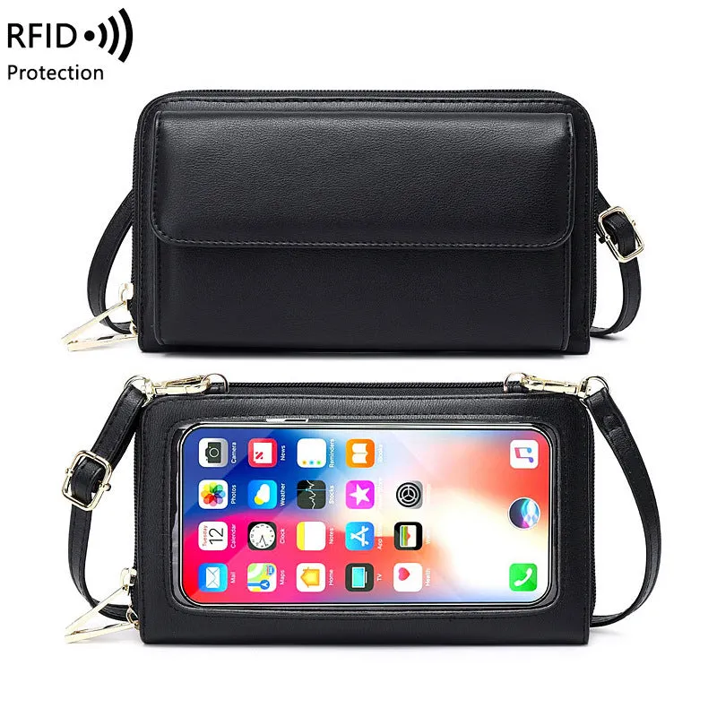 Touch screen phone bag crossbody anti-theft swiping long wallet in PU leather, 20.5x5x12 cm, available in multiple colours