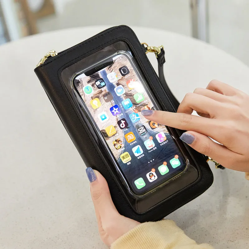Touch screen phone bag crossbody anti-theft swiping long wallet in PU leather, 20.5x5x12 cm, available in multiple colours