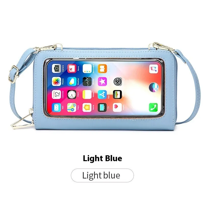 Touch screen phone bag crossbody anti-theft swiping long wallet in PU leather, 20.5x5x12 cm, available in multiple colours
