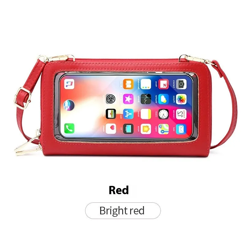 Touch screen phone bag crossbody anti-theft swiping long wallet in PU leather, 20.5x5x12 cm, available in multiple colours