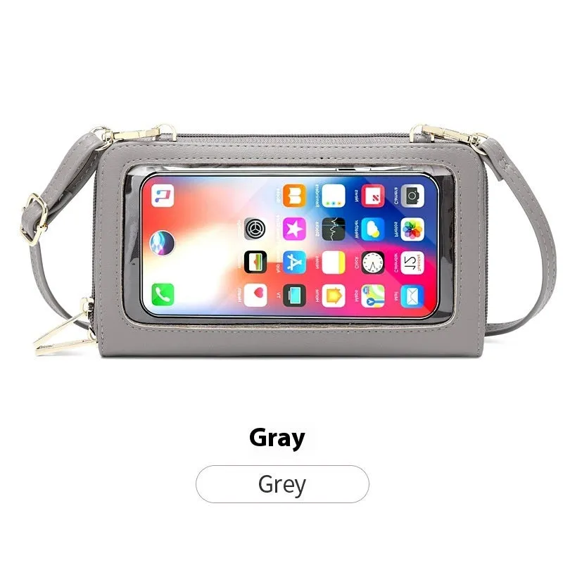 Touch screen phone bag crossbody anti-theft swiping long wallet in PU leather, 20.5x5x12 cm, available in multiple colours