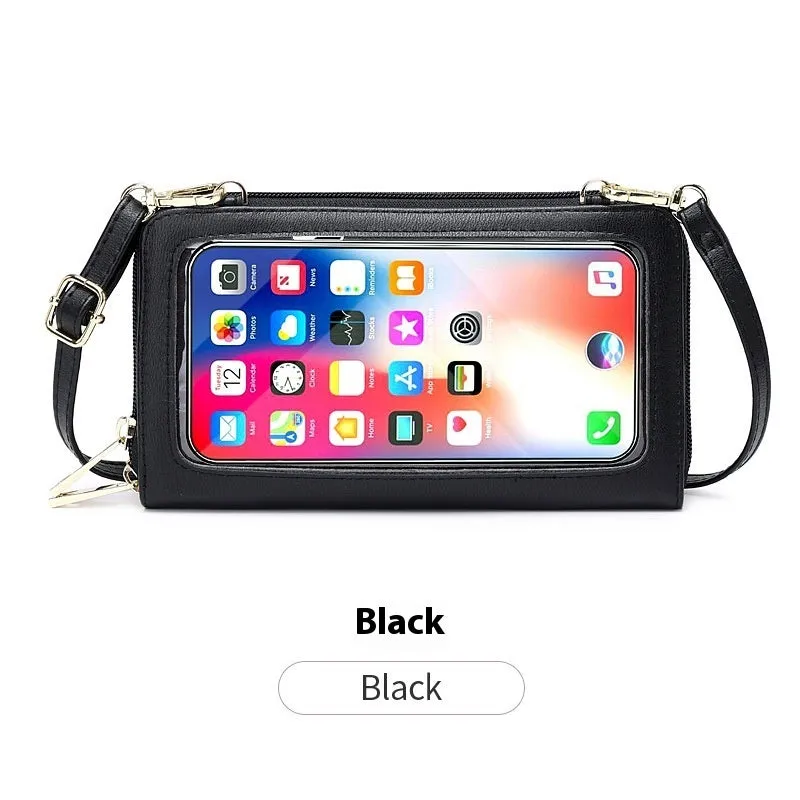Touch screen phone bag crossbody anti-theft swiping long wallet in PU leather, 20.5x5x12 cm, available in multiple colours