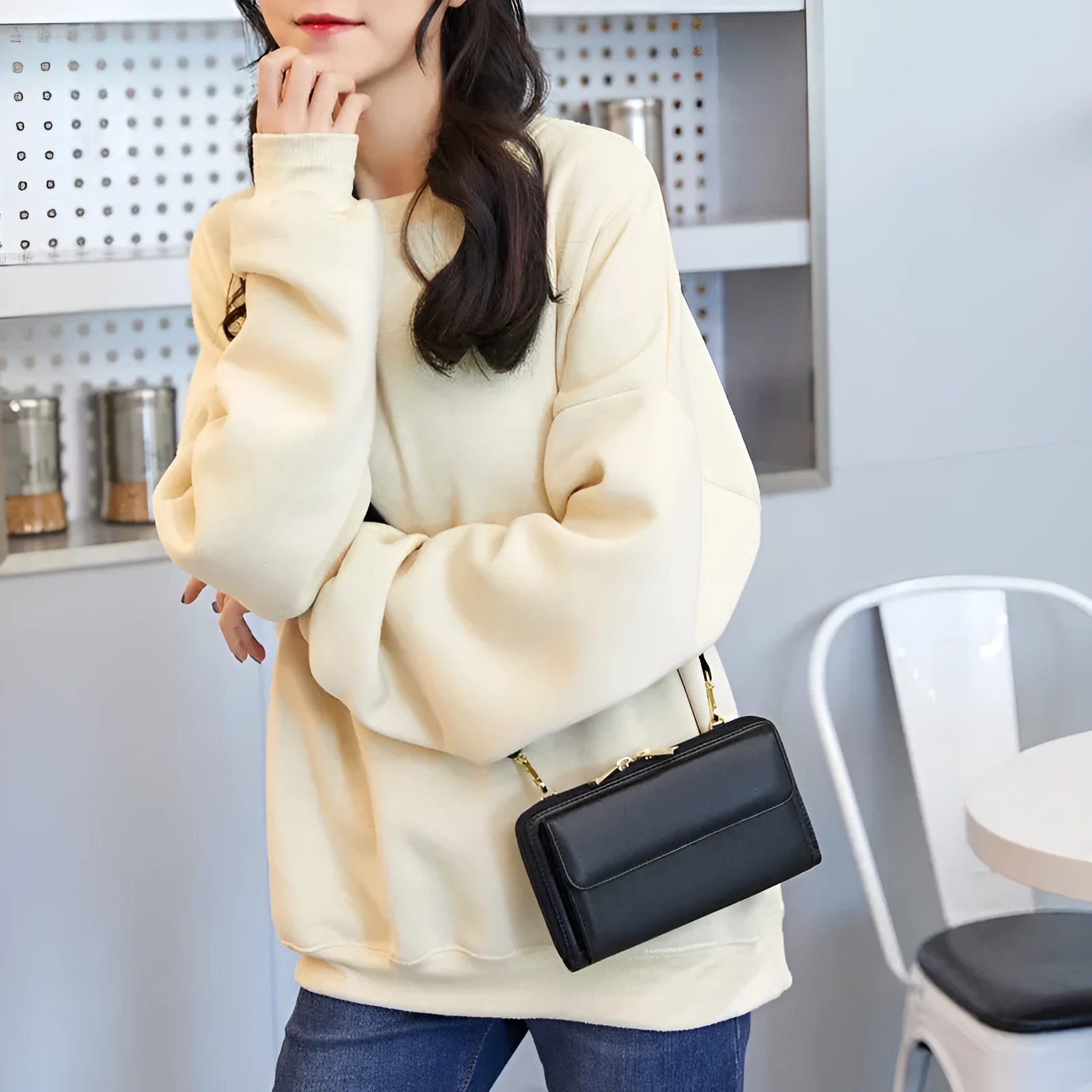 Touch screen phone bag crossbody anti-theft swiping long wallet in PU leather, 20.5x5x12 cm, available in multiple colours