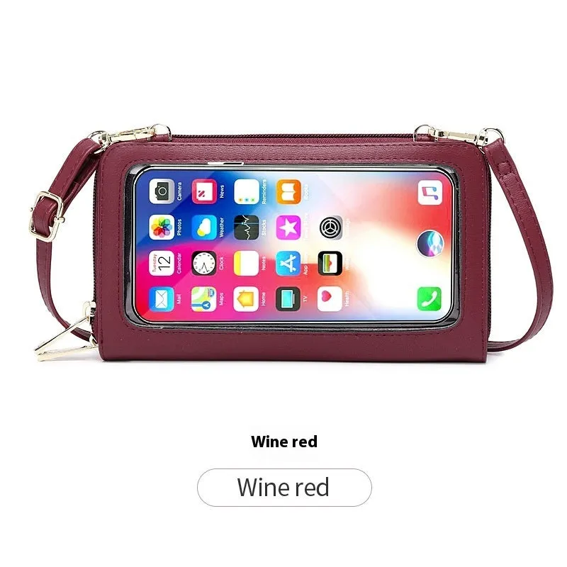 Touch screen phone bag crossbody anti-theft swiping long wallet in PU leather, 20.5x5x12 cm, available in multiple colours