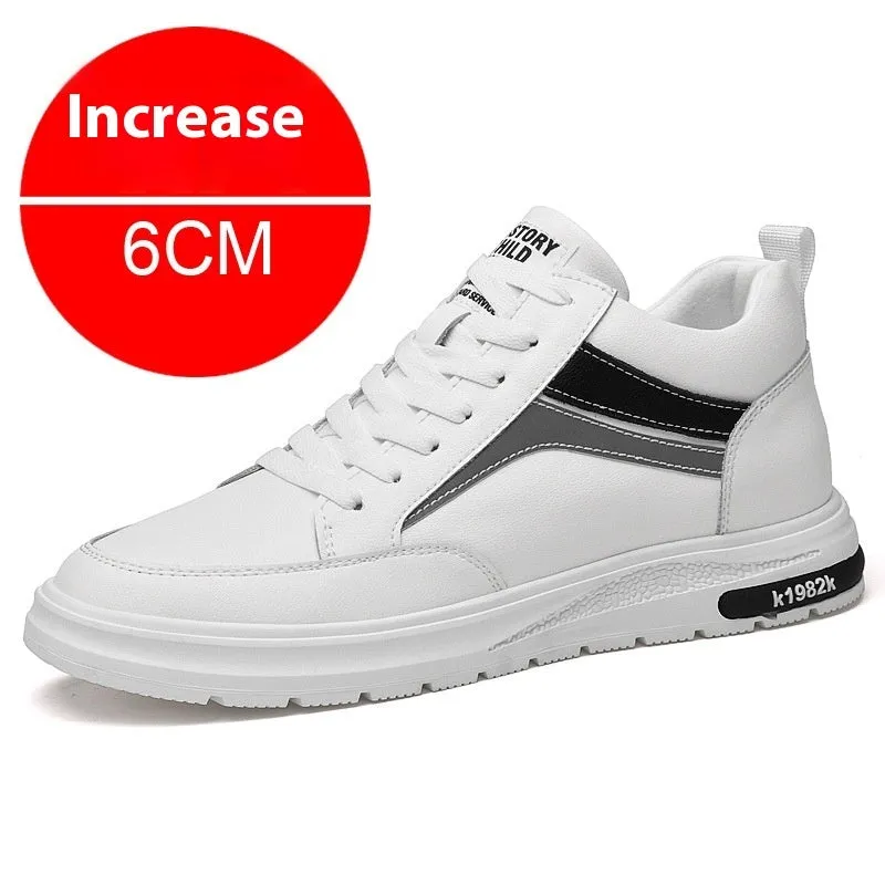 Men's black and white casual sneakers with height-increasing insoles and lace-up design