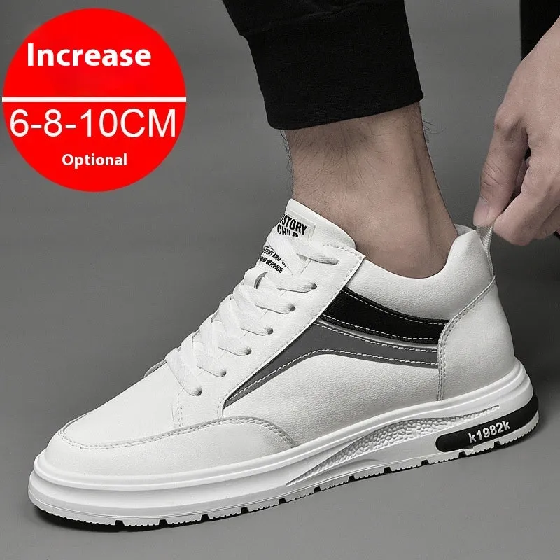 Men's black and white casual sneakers with height-increasing insoles and lace-up design