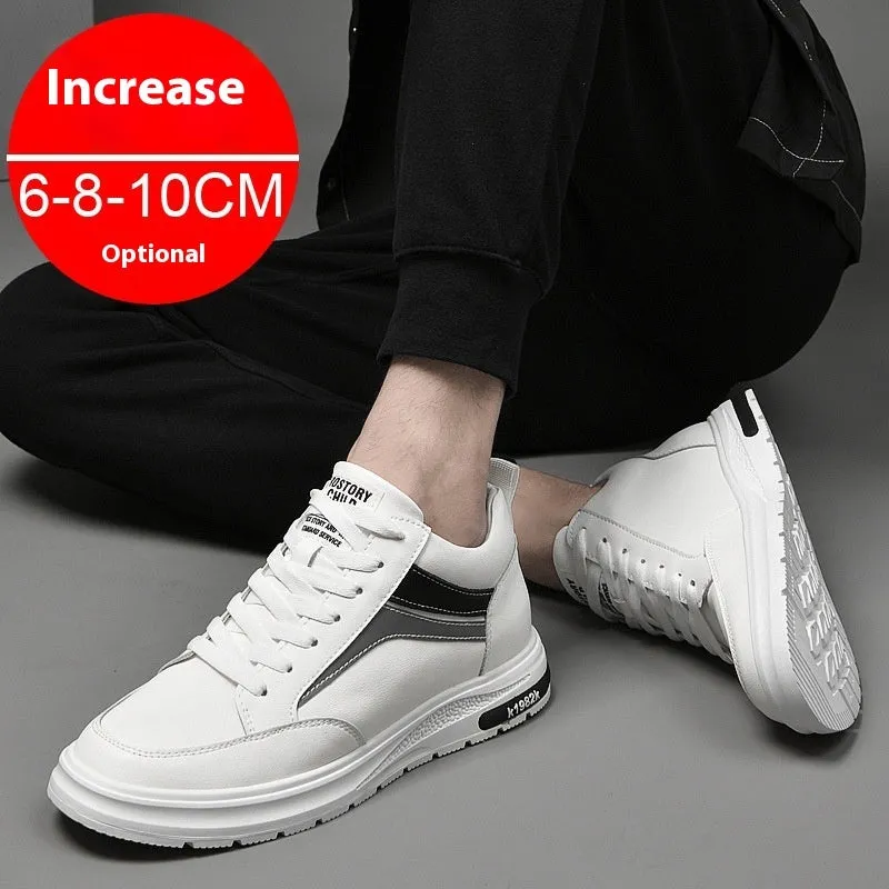 Men's black and white casual sneakers with height-increasing insoles and lace-up design
