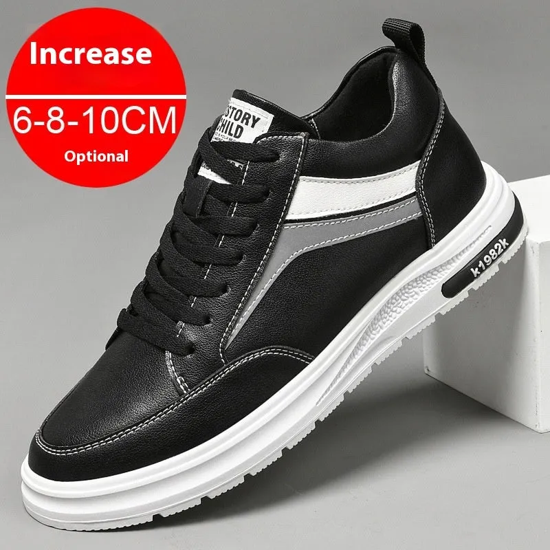 Men's black and white casual sneakers with height-increasing insoles and lace-up design