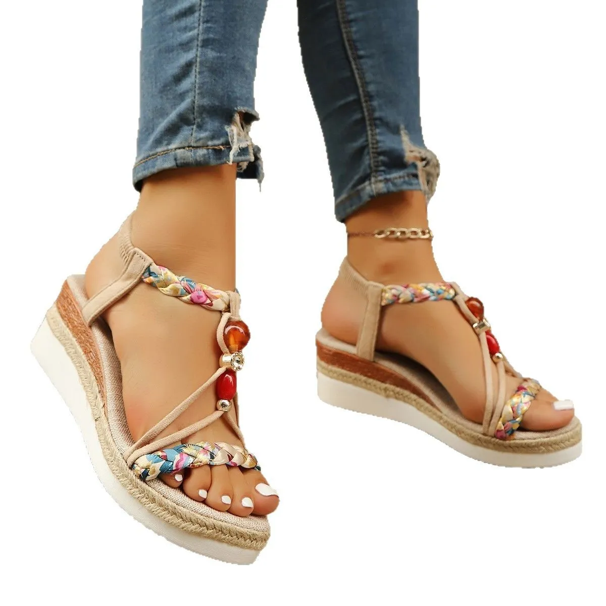 Rhinestone beaded wedge platform high heels in apricot colour with fish mouth toe and elastic band