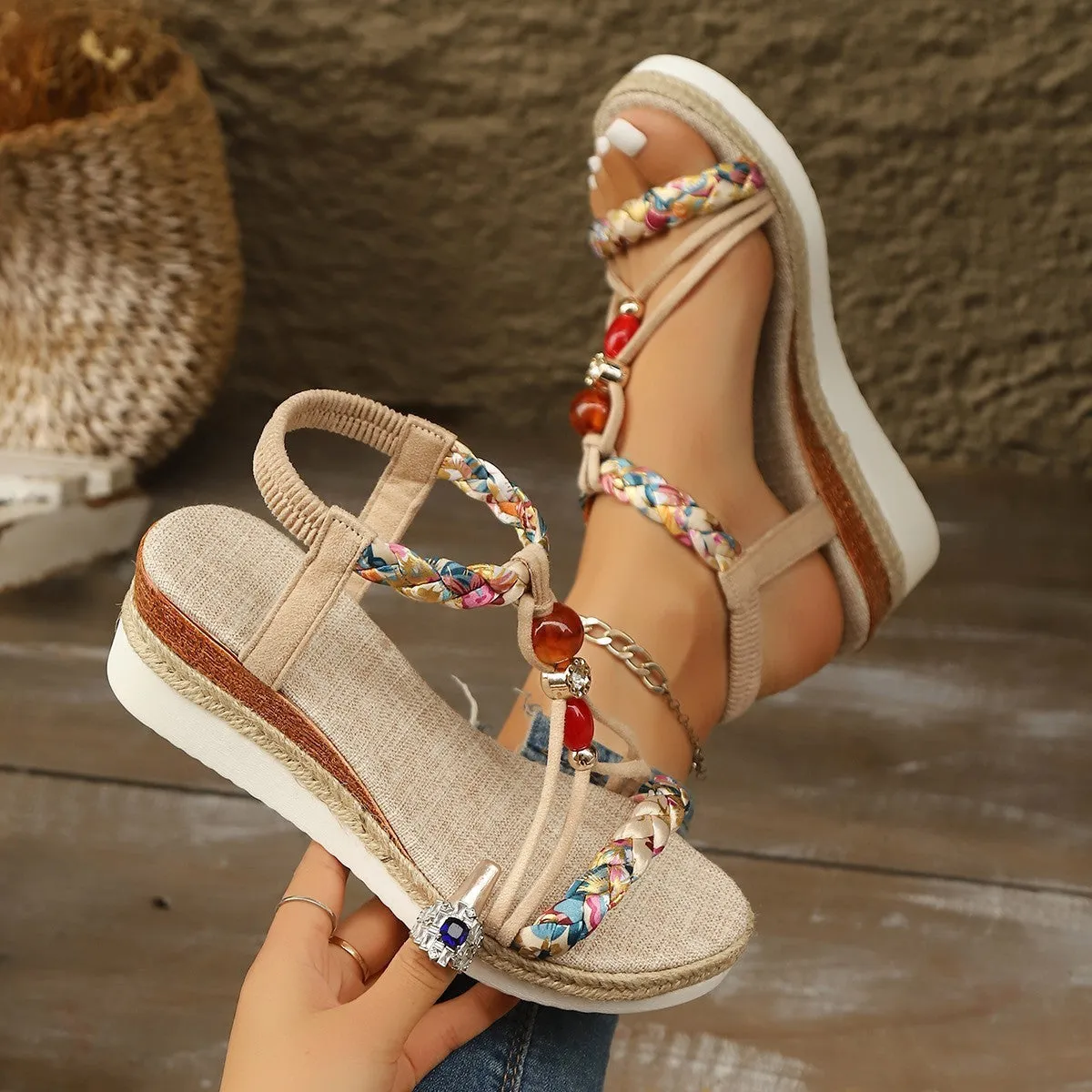 Rhinestone beaded wedge platform high heels in apricot colour with fish mouth toe and elastic band
