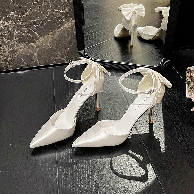 Satin white wedding shoes plus size with ankle buckle closure and 7cm heel on white background