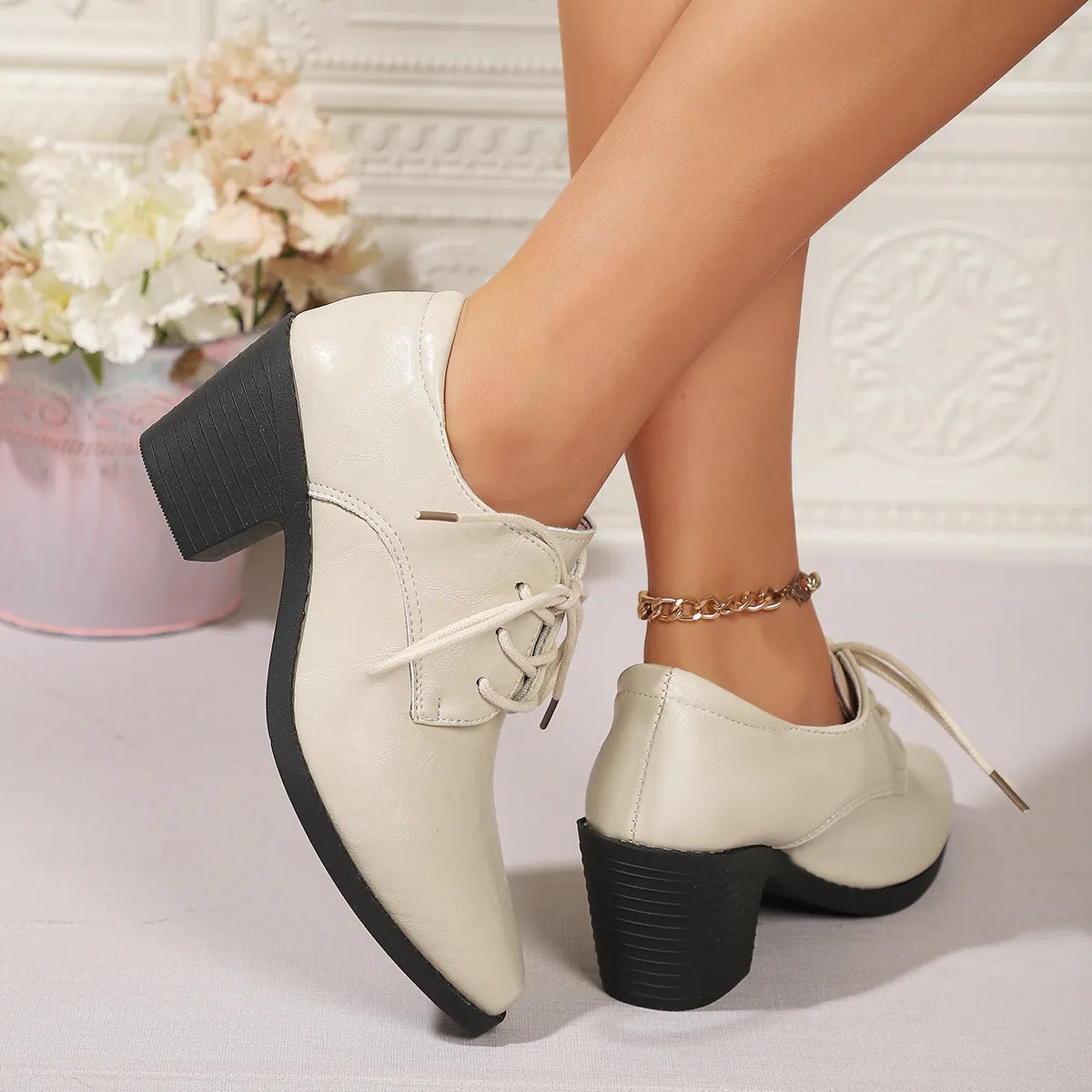 Women's pointed chunky heel front lace-up low-top shoes in beige, solid colour PU upper