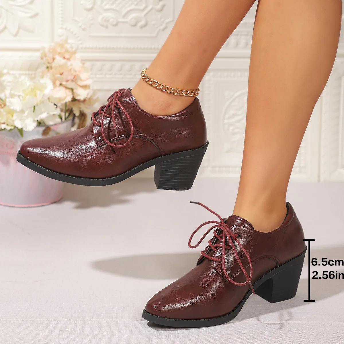 Women's pointed chunky heel front lace-up low-top shoes in beige, solid colour PU upper
