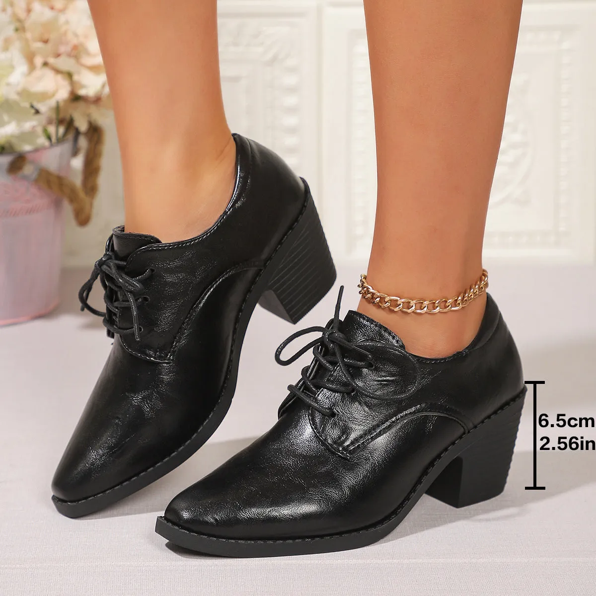 Women's pointed chunky heel front lace-up low-top shoes in beige, solid colour PU upper