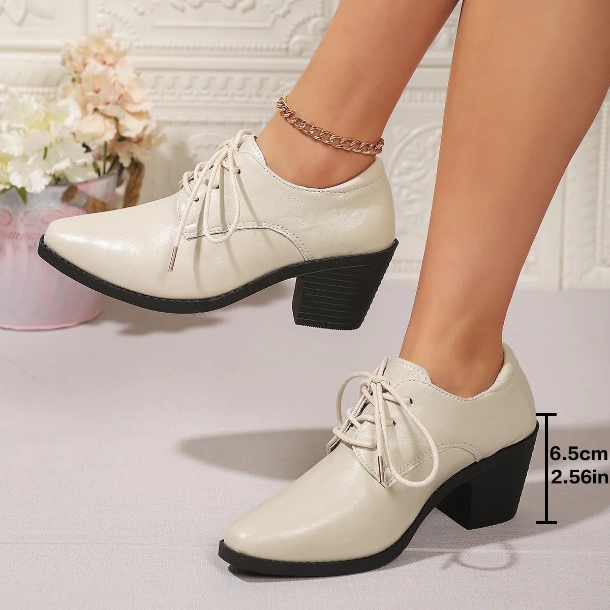 Women's pointed chunky heel front lace-up low-top shoes in beige, solid colour PU upper