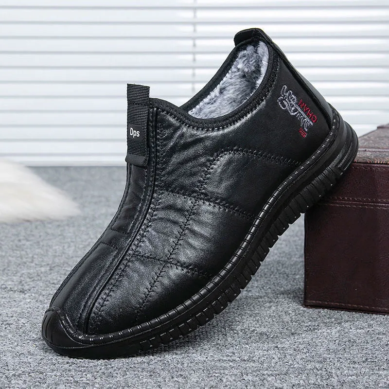 Men's brown winter cotton boots with a buckle closure and a thick, treaded non-slip sole.