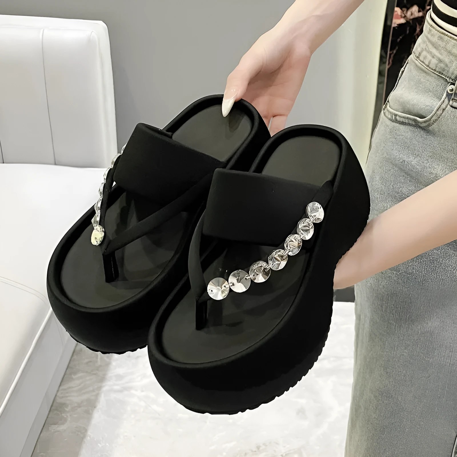 Women's black satin thick-soled flip-flops with rhinestone detail, round head, rubber sole, size 34-40