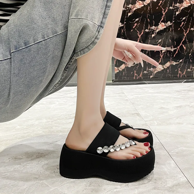 Women's black satin thick-soled flip-flops with rhinestone detail, round head, rubber sole, size 34-40