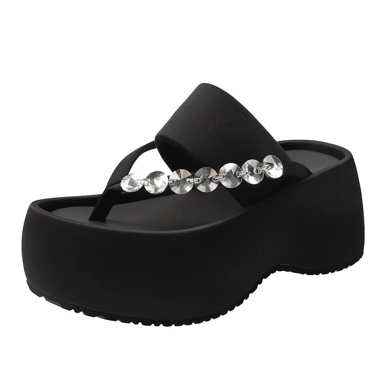 Women's black satin thick-soled flip-flops with rhinestone detail, round head, rubber sole, size 34-40