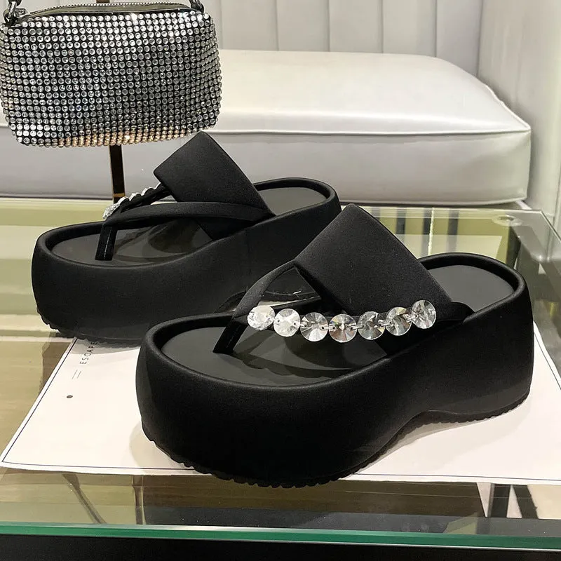 Women's black satin thick-soled flip-flops with rhinestone detail, round head, rubber sole, size 34-40