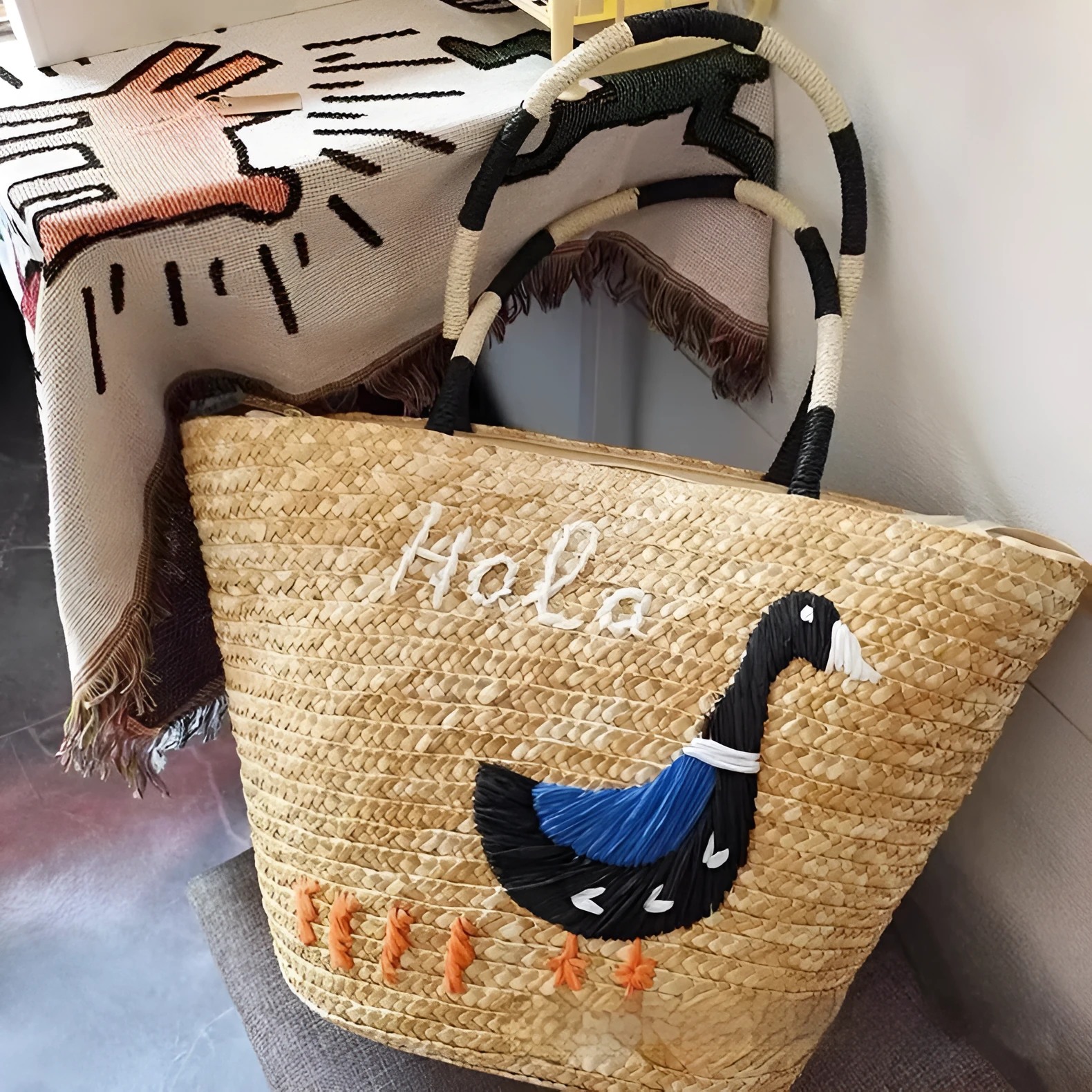 Women's hand-woven straw vegetable basket shoulder tote bag in khaki