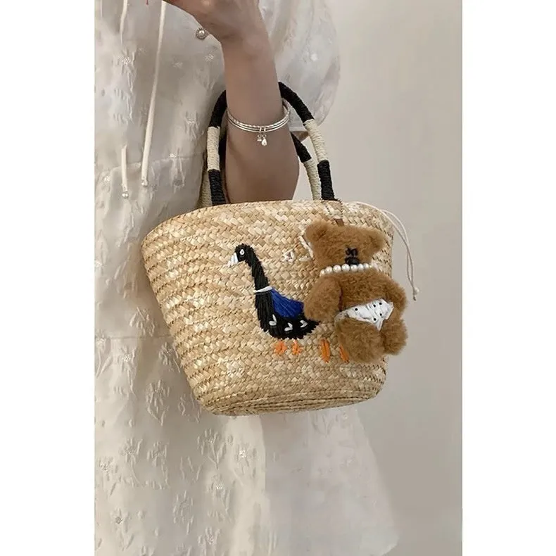 Women's hand-woven straw vegetable basket shoulder tote bag in khaki