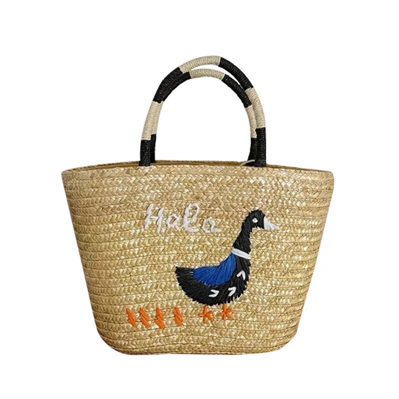 Women's hand-woven straw vegetable basket shoulder tote bag in khaki