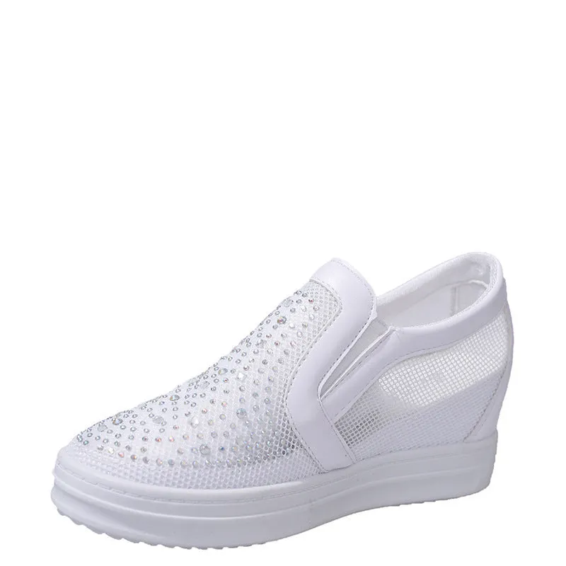 Women's wedge slip-on shoes in black with mesh upper and round toe