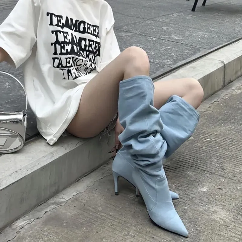 Women's pointed toe stiletto denim high heel below the knee boots in blue artificial PU with waterproof platform